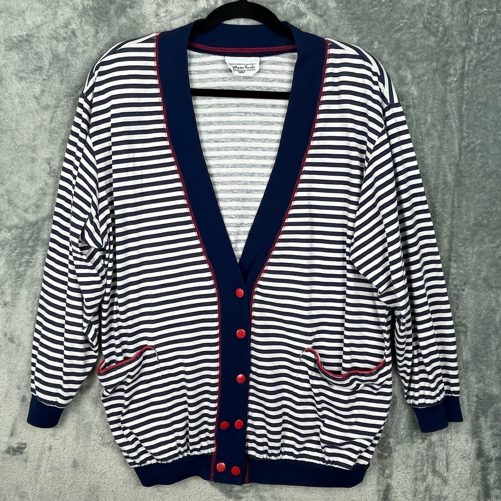 Vintage Womens Cardigan‎ Sweater Medium Striped 80s 90s Preppy Nautical Made USA